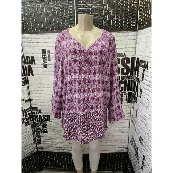 Tantrums XL Purple Print V-Button Neckline Roll-Tab Sleeve Top - Picture 1 of 6